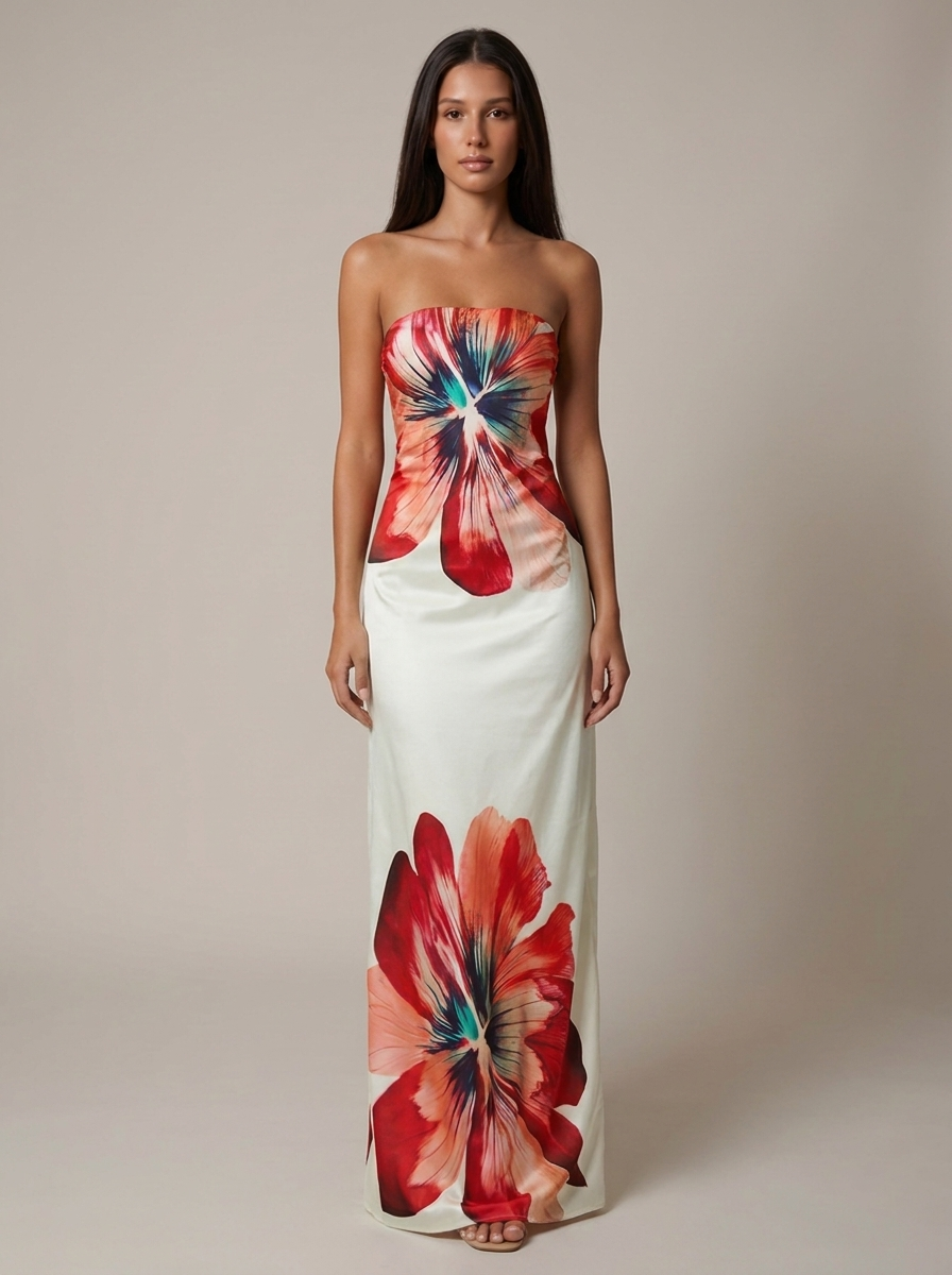 Strapless white maxi dress with bold red floral print and teal center, front view