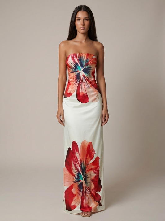 Strapless white maxi dress with bold red floral print and teal center, front view