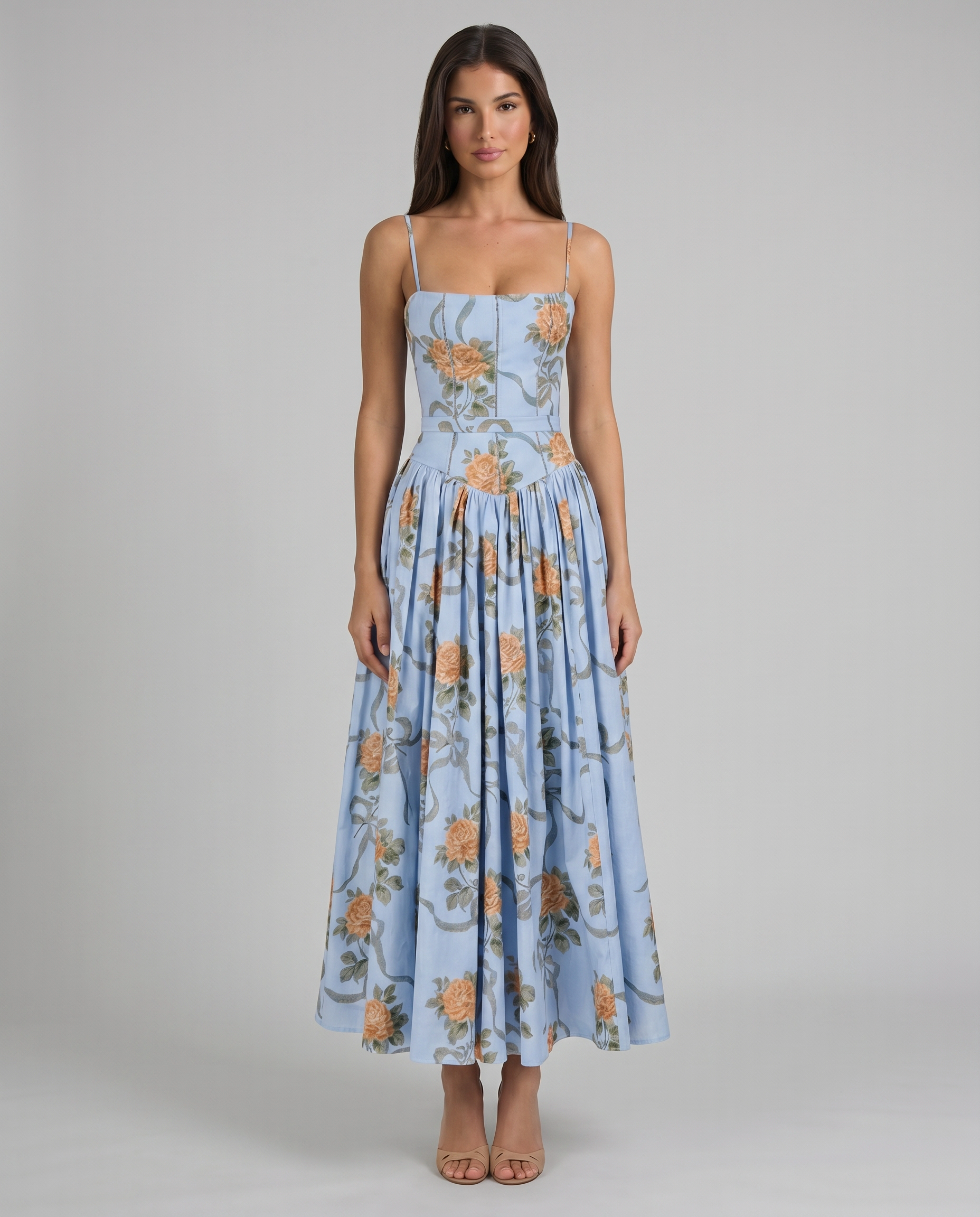 Blue floral midi dress with spaghetti straps and square neckline, front full-length view