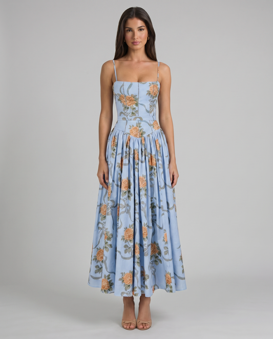 Blue floral midi dress with spaghetti straps and square neckline, front full-length view