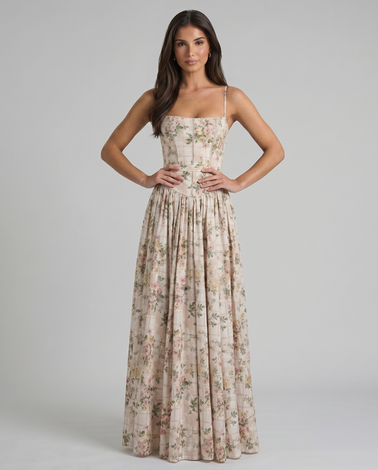 Green floral midi dress with square neckline, spaghetti straps, corset bodice and full skirt front view
