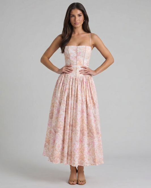 Peach floral midi dress with corset-style bodice, spaghetti straps, and full gathered skirt