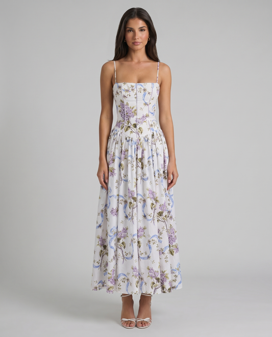 Front view of purple floral print midi dress with square neckline, corset seams, and flowy skirt