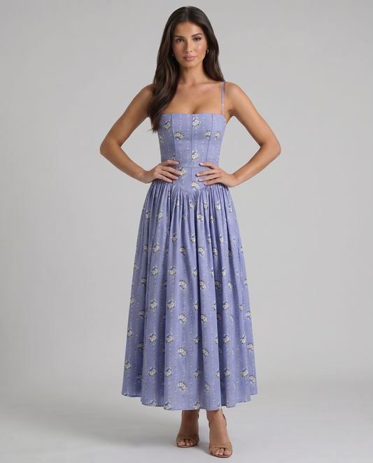 Violet floral midi dress with straight neckline, spaghetti straps, corset bodice and gathered skirt
