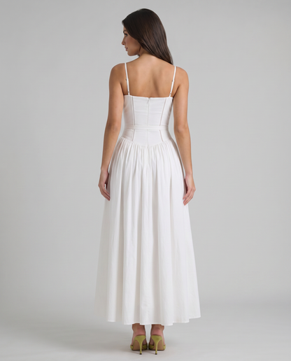 Back upper view of white midi dress highlighting zipper closure, strap adjusters and bodice seams