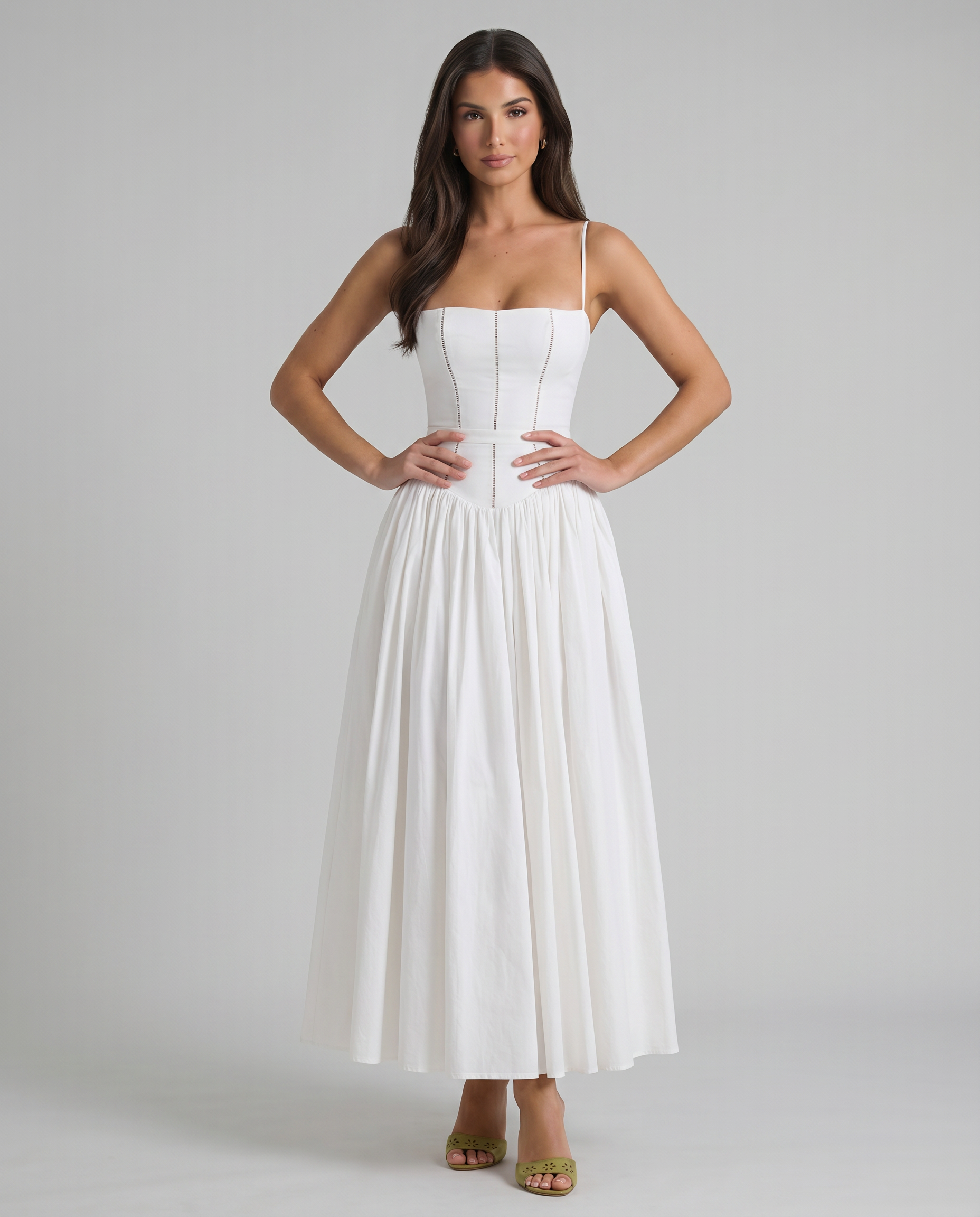 Full-length back shot of white midi dress with A-line gathered skirt and clean hemline