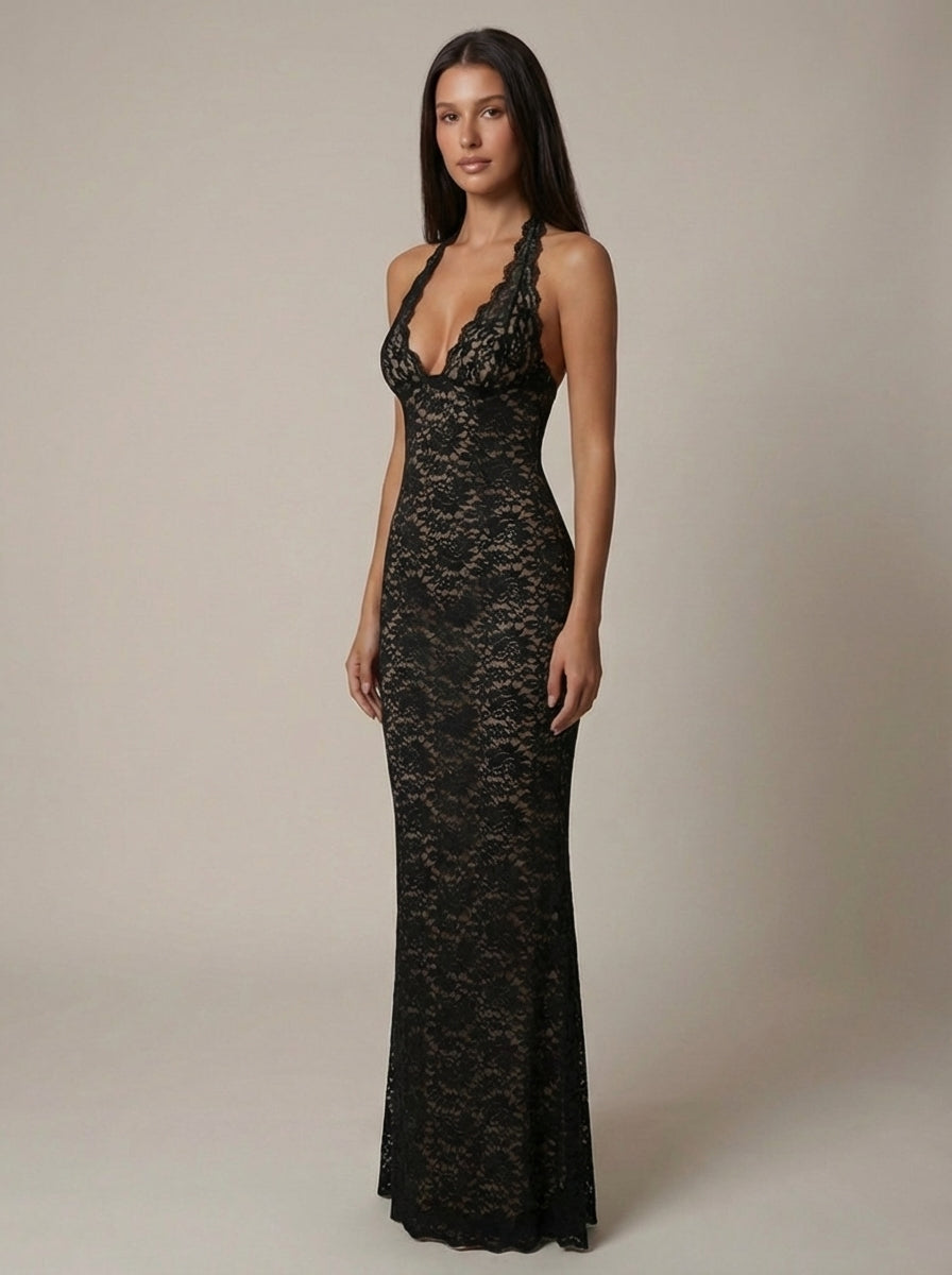 Angled front view black lace maxi dress with scalloped halter straps, deep V neckline and sheer lace finish