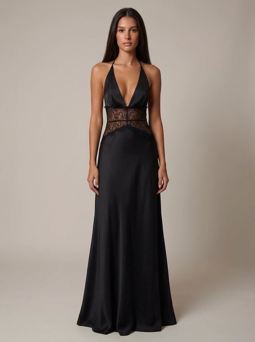 Full-length studio shot of black halter maxi dress featuring deep V bodice, lace waist, and flowing skirt