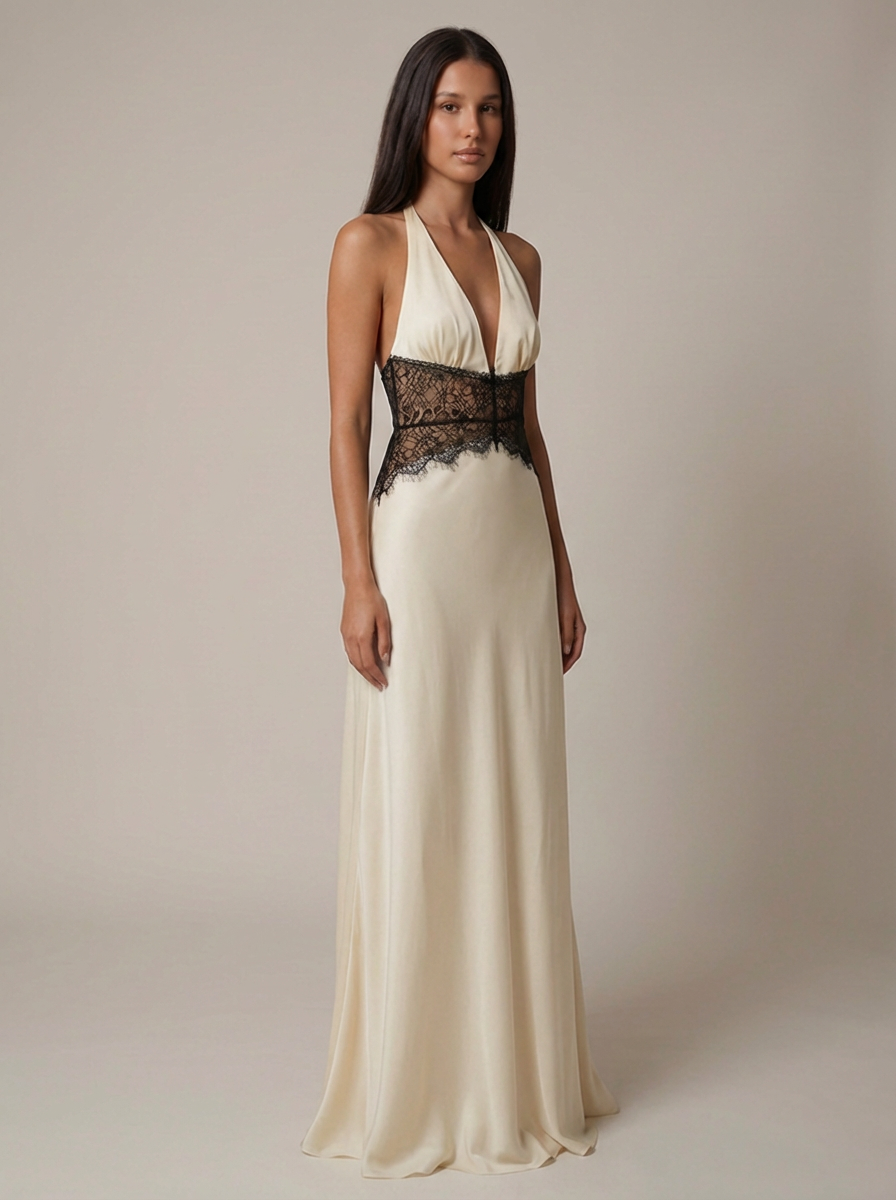 Three-quarter side view of white maxi dress with draped skirt and black lace waist detail