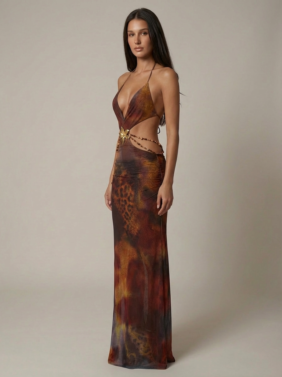 Angled front view showing multicolor maxi dress with slim fit skirt, halter neck and gold accent