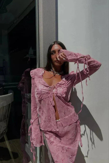 Women pink chiffon two piece set with tie front sheer top and matching maxi skirt