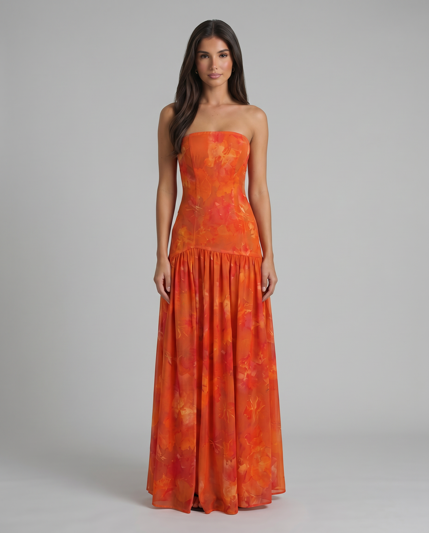 Strapless red floral maxi dress with fitted bodice and gathered skirt, full front view