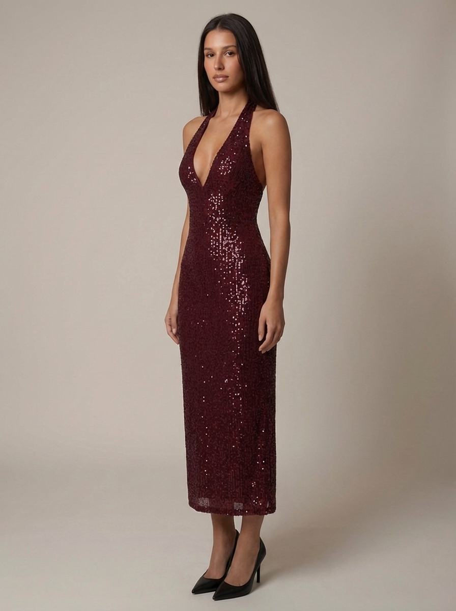 Red sequin halter midi dress with plunging V-neckline and fitted silhouette, front full-length