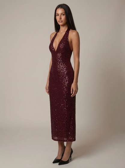Red sequin halter midi dress with plunging V-neckline and fitted silhouette, front full-length