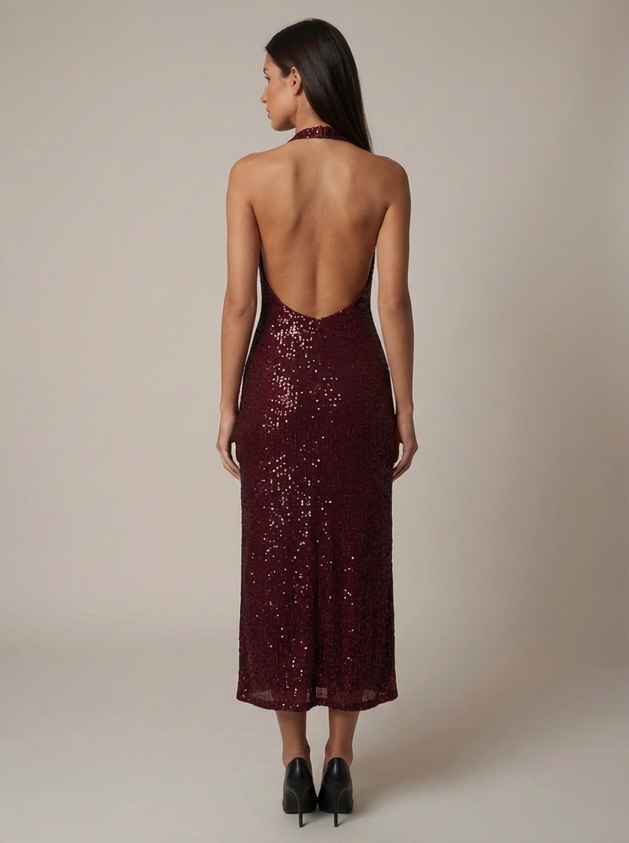Full-length front red sequin midi dress with halter straps and glittering finish, styled with pumps