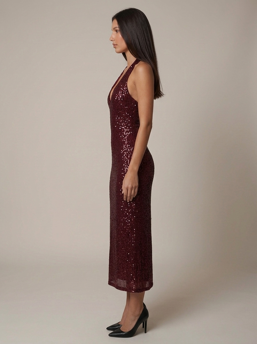 Back view of red sequin halter midi dress with low open back and straight midi hemline