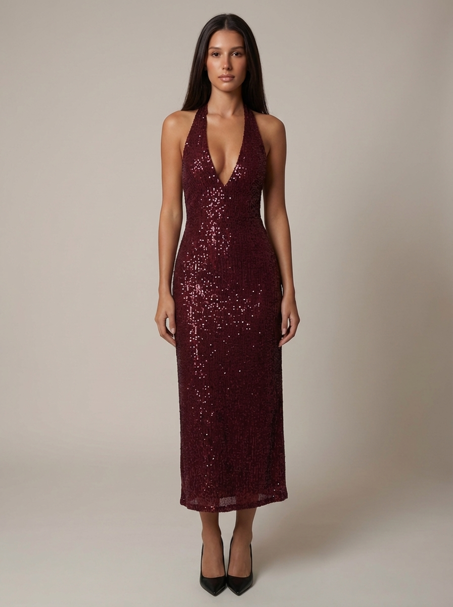 Side view red sequin halter midi dress showing sleek fitted profile and calf-length hem