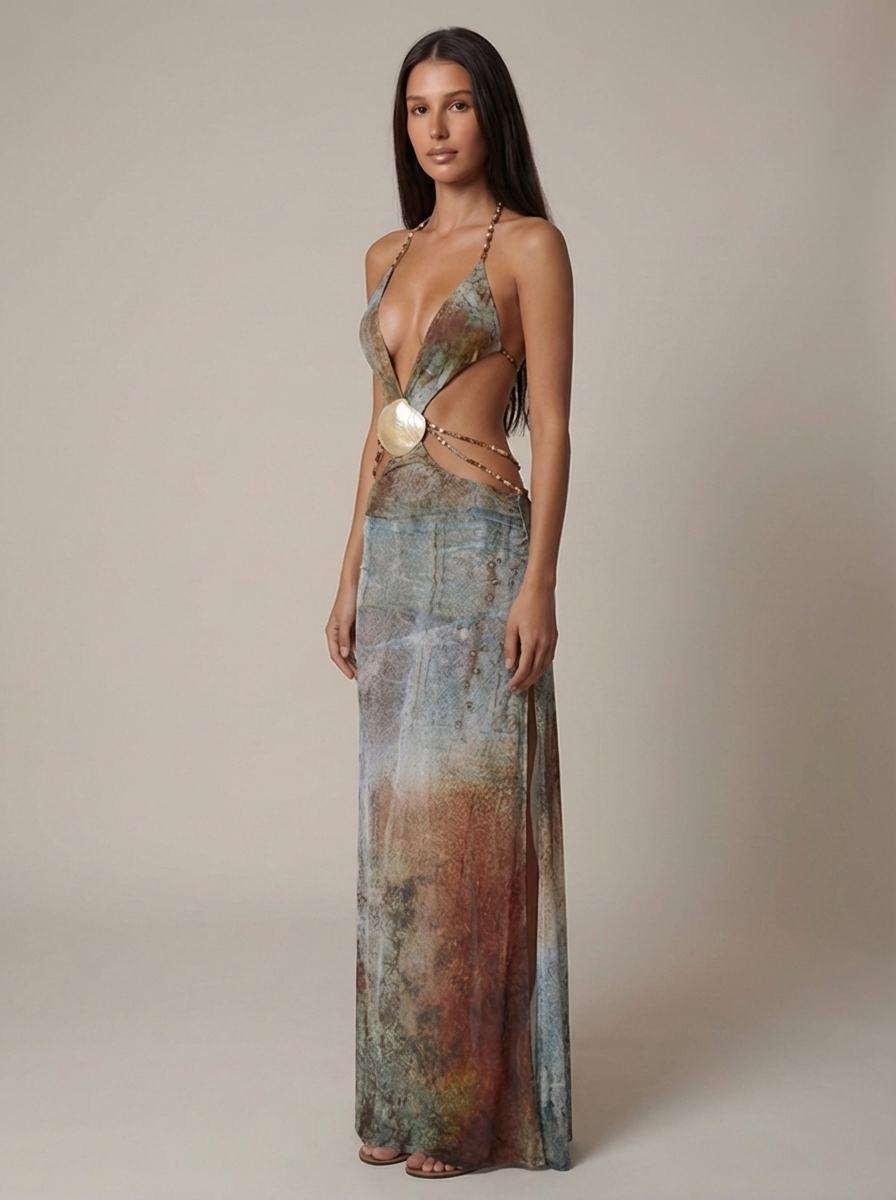 Gray printed mesh maxi dress with open back tie straps and low waist detail, back view for women
