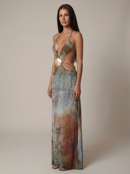 Gray printed mesh maxi dress with open back tie straps and low waist detail, back view for women