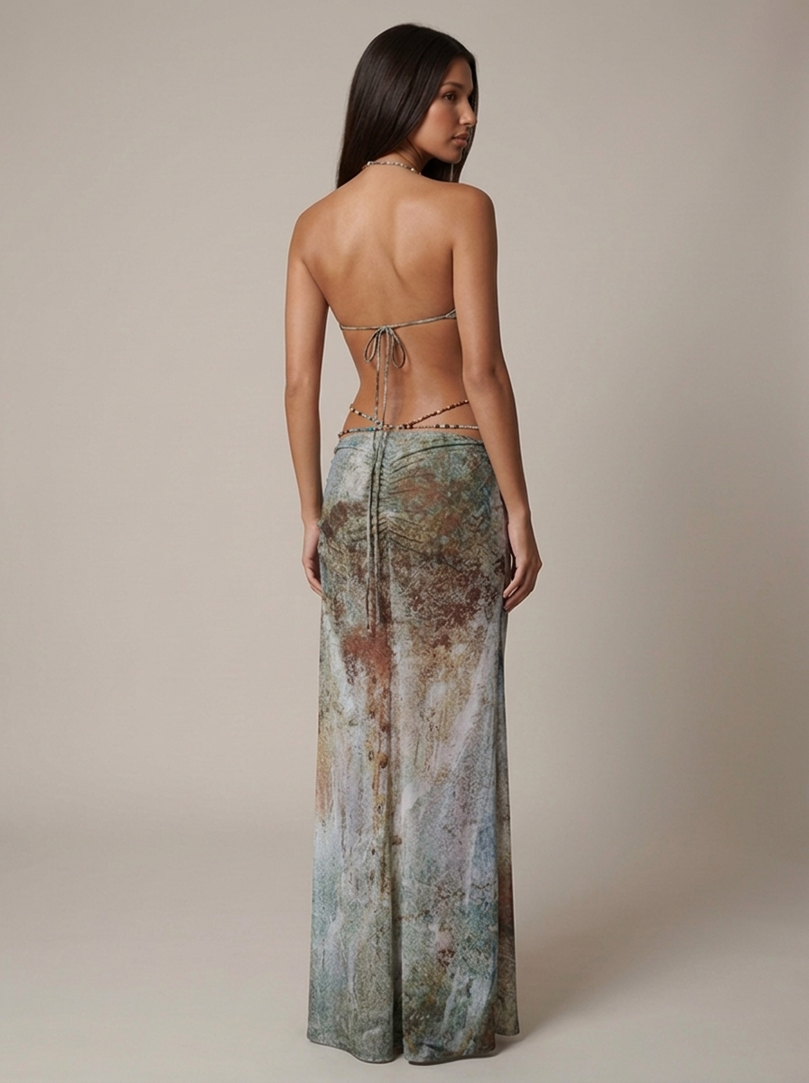 Gray printed mesh maxi dress with side waist cutouts and chain straps, side profile for women