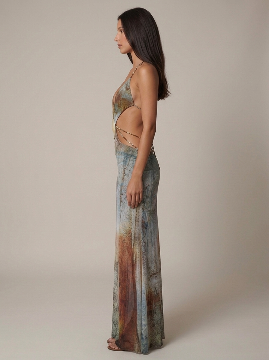Gray printed mesh maxi dress close-up with shell ornament, beaded halter straps, and cutouts for women