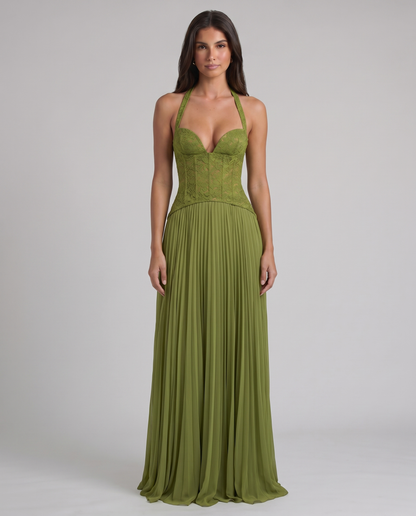 Front full-length green maxi dress with lace corset bodice, halter straps, and pleated skirt