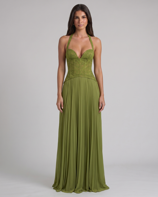 Front full-length green maxi dress with lace corset bodice, halter straps, and pleated skirt