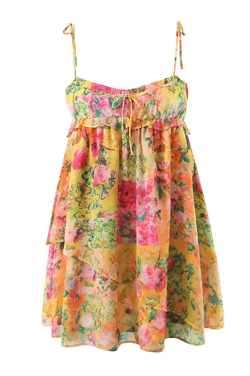 Yellow floral mini dress flat lay front view with ruffle neckline, center tie, and layered chiffon skirt