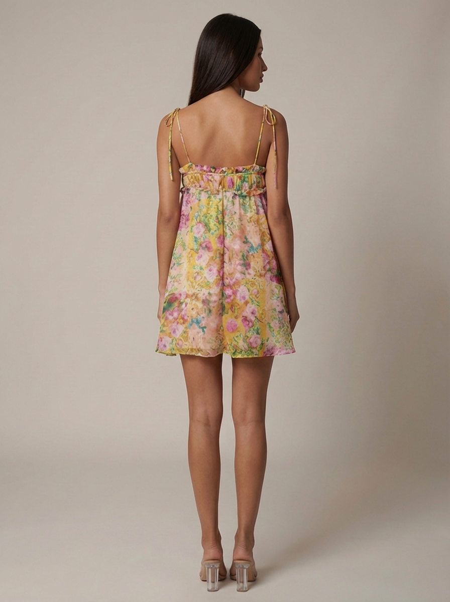 Back full-length view of yellow floral mini dress showing straight back neckline and flowy short skirt