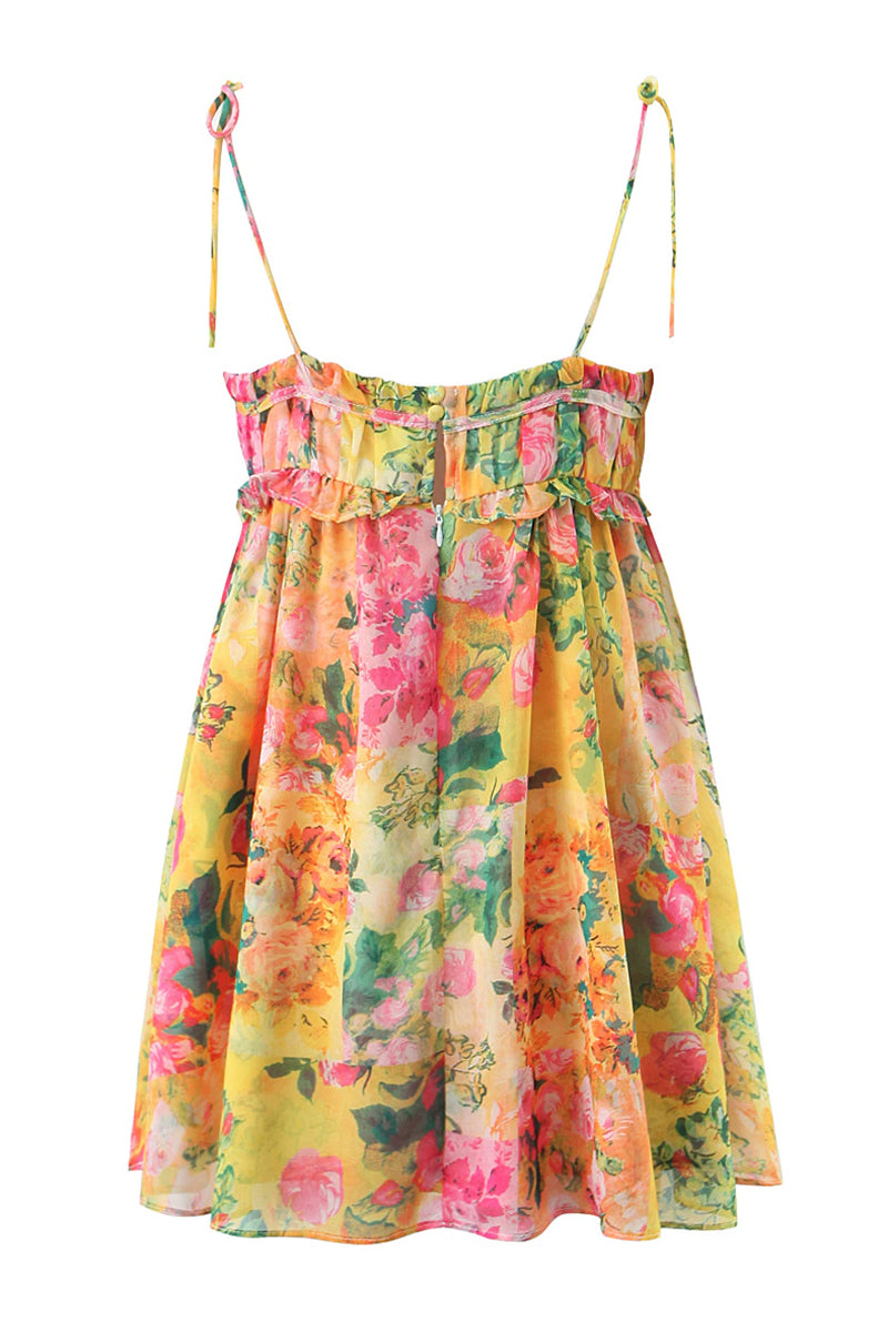 Back product photo of yellow floral mini dress featuring multicolor floral print, ruffle seam, and ties