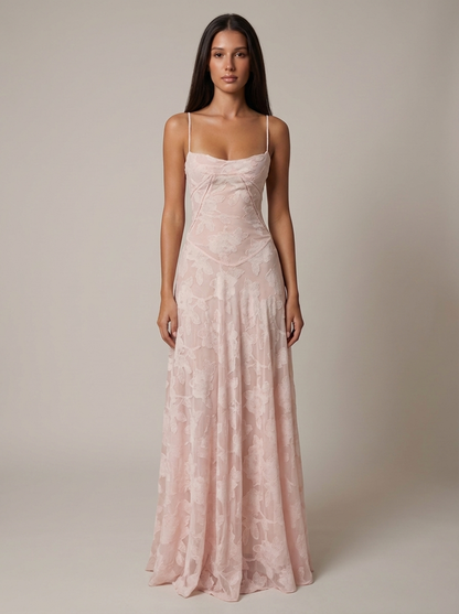 Blush pink flower maxi dress with spaghetti straps and tonal floral jacquard, full front view