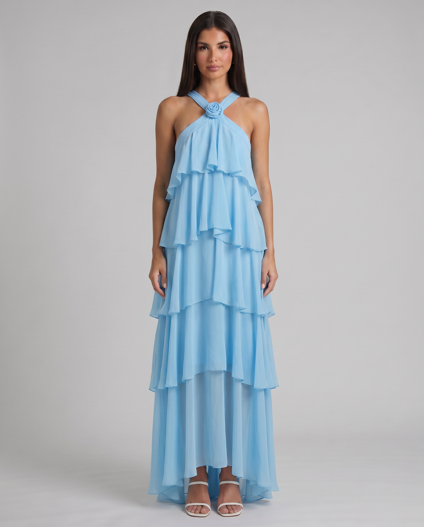 Blue tiered ruffle maxi dress with flowy chiffon layers and floral rosette neckline, full length