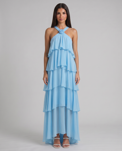 Blue tiered ruffle maxi dress with flowy chiffon layers and floral rosette neckline, full length