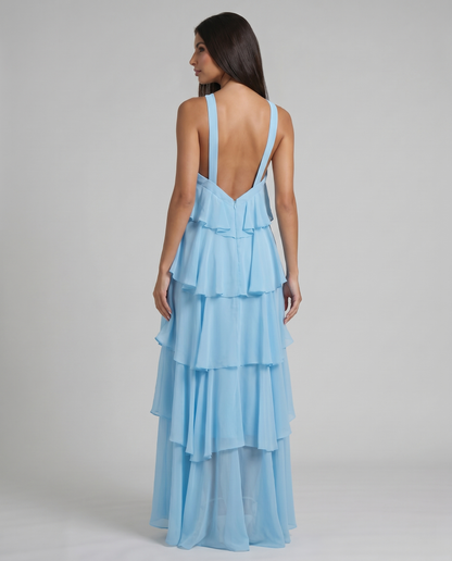 Blue ruffle maxi dress from the back with open V-back straps and soft chiffon tiers