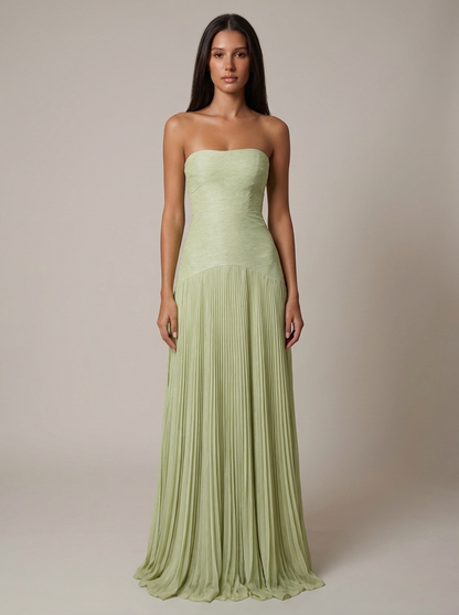 Front view of green forest maxi dress with strapless bodice and pleated floor-length skirt