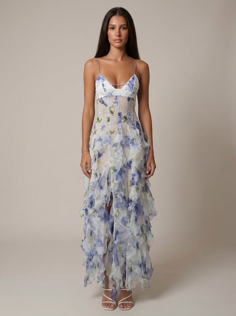 Blue floral maxi dress with v neck, spaghetti straps, and tiered ruffles for women, front view