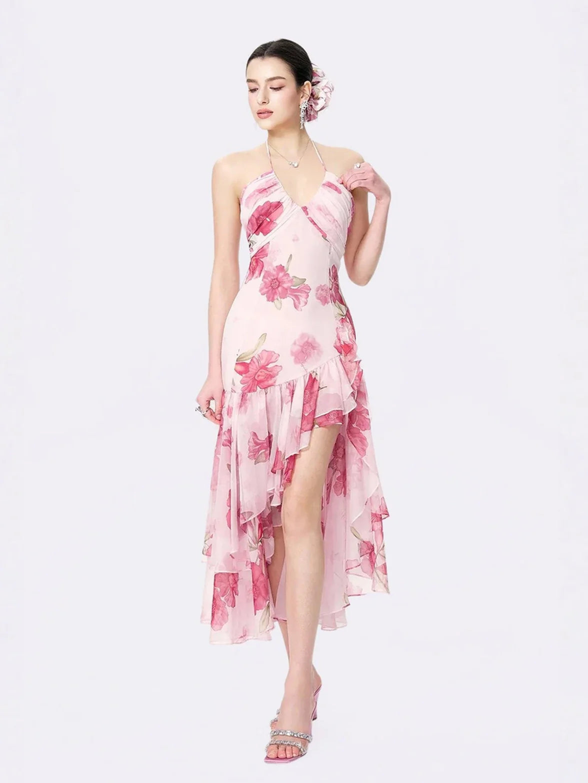 Women floral halter neck maxi dress with open back and ruffle hem