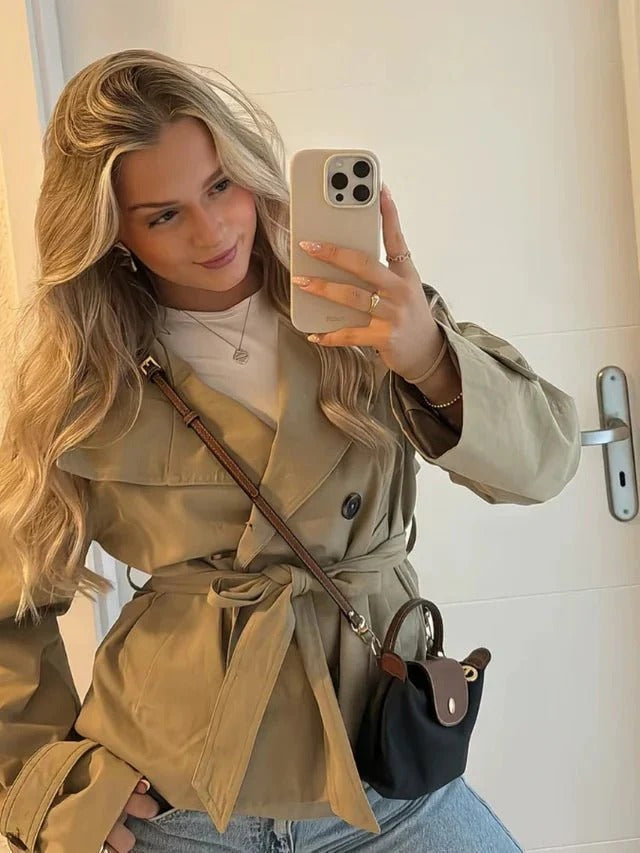 Women beige cropped trench coat with funnel collar and tie belt