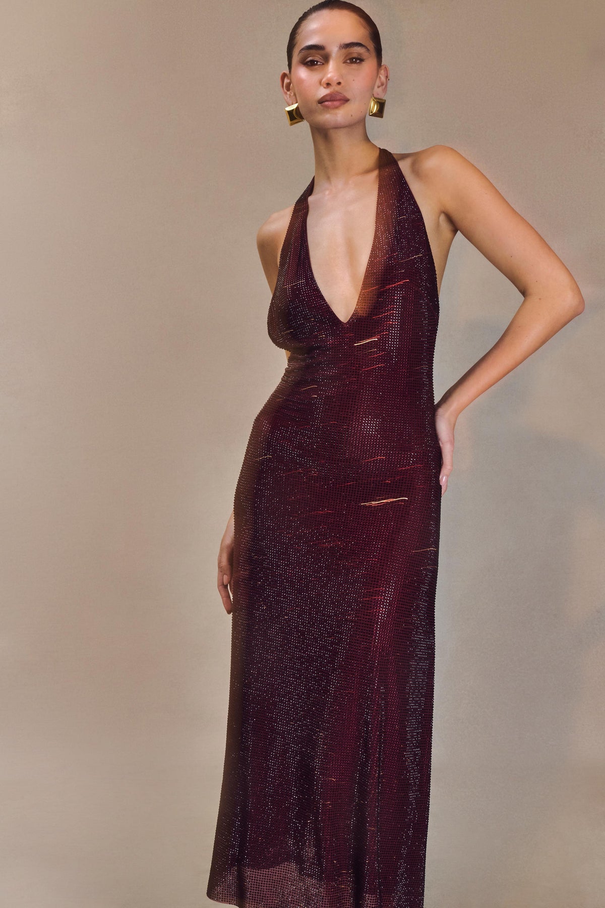 Harlow Diamante Midi Dress – Burgundy
