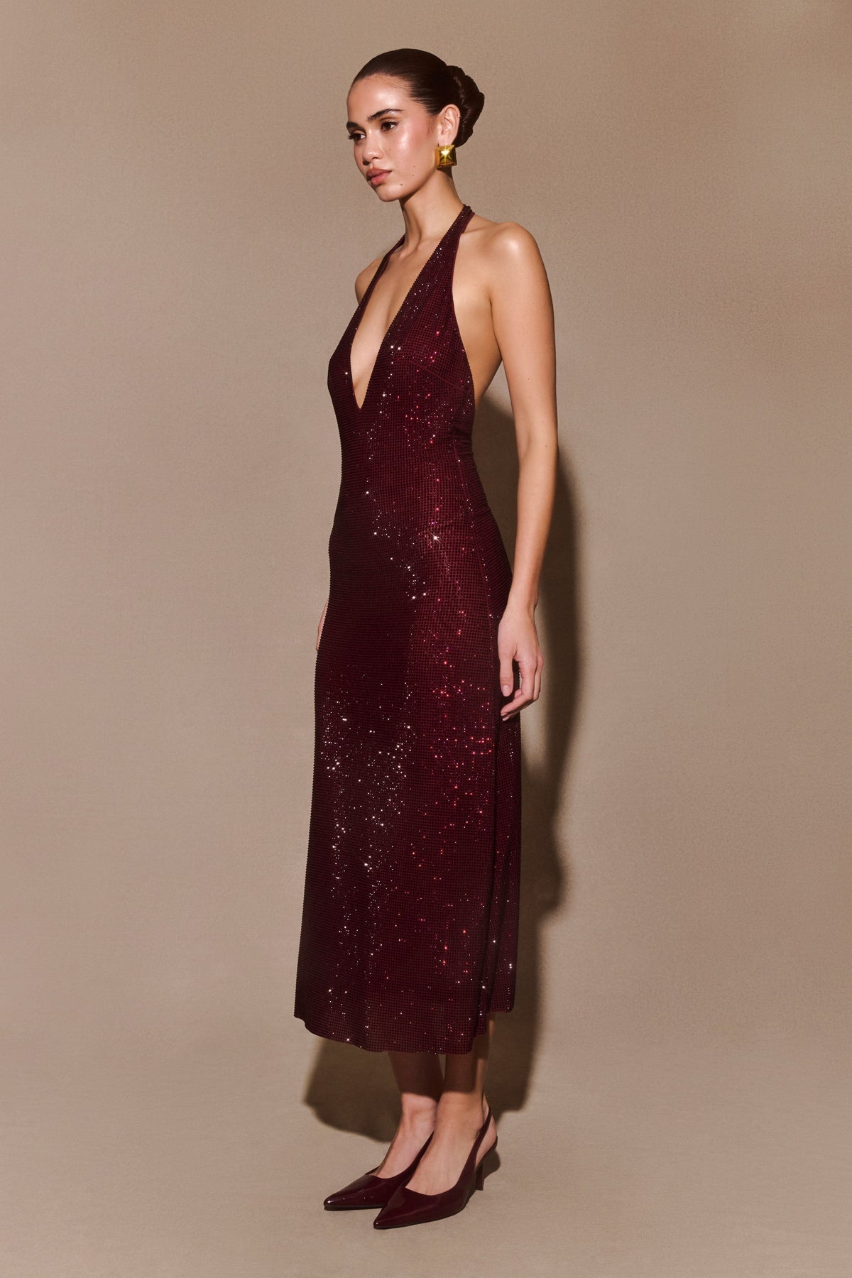 Harlow Diamante Midi Dress – Burgundy