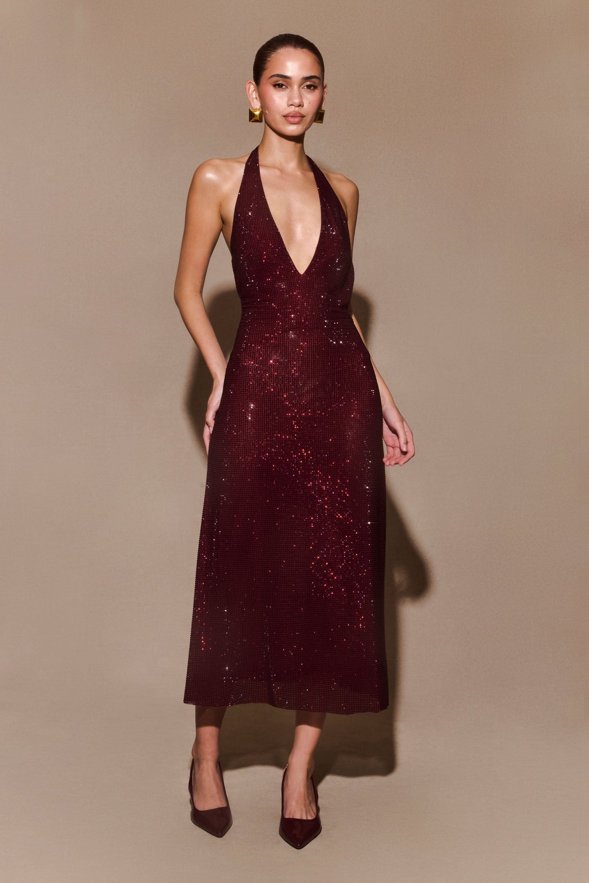 Harlow Diamante Midi Dress – Burgundy