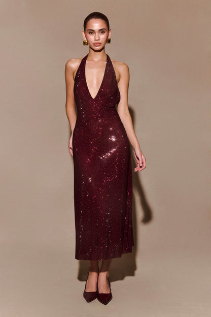 Harlow Diamante Midi Dress – Burgundy