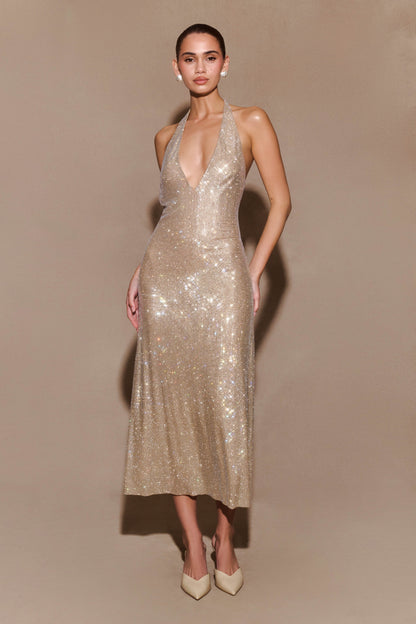 Harlow Diamante Midi Dress – Gold