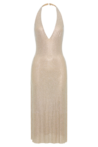 Harlow Diamante Midi Dress – Gold