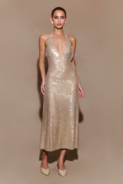 Harlow Diamante Midi Dress – Gold