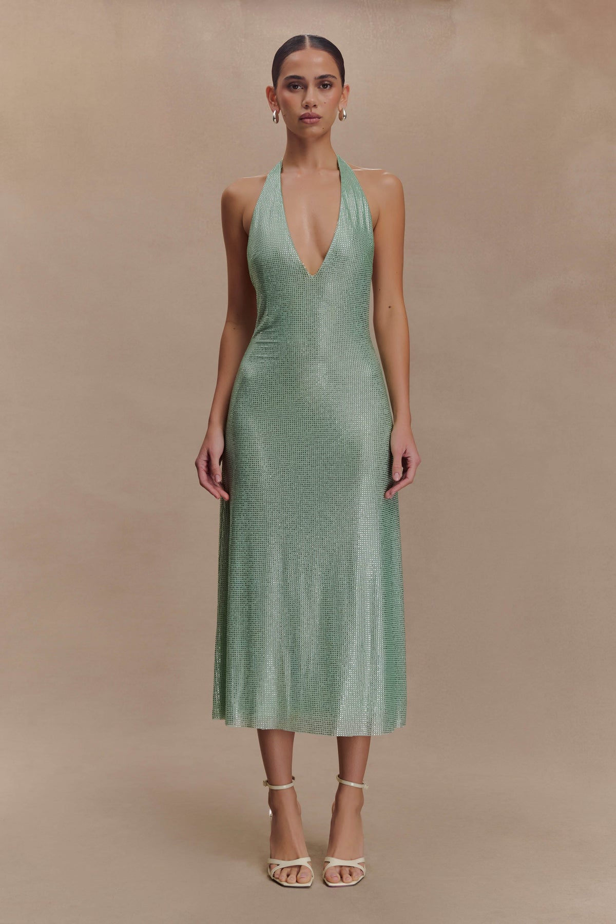 Harlow Diamante Midi Dress – Sage Green