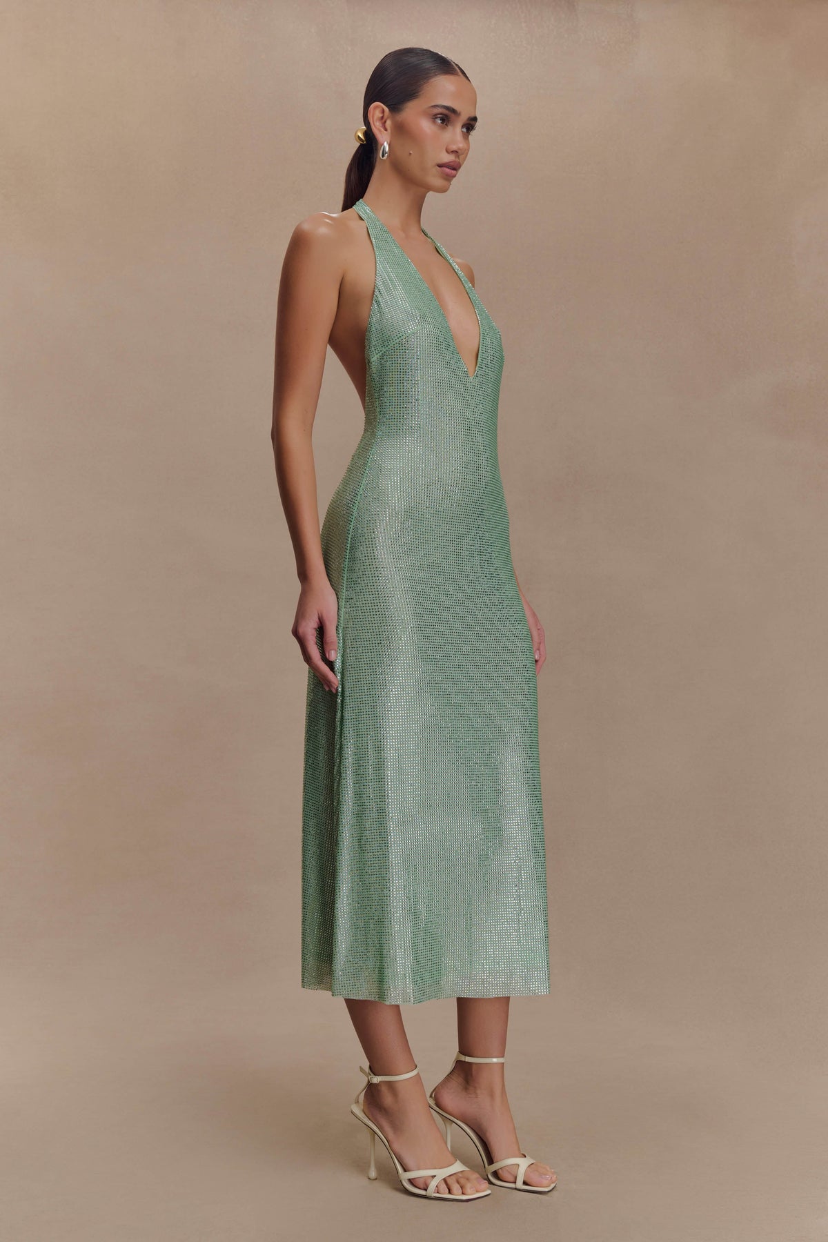 Harlow Diamante Midi Dress – Sage Green