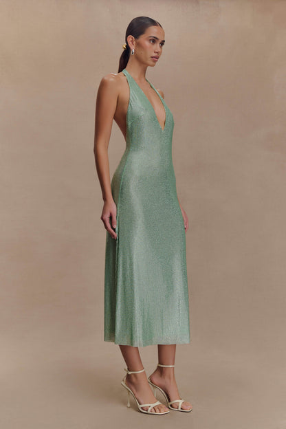 Harlow Diamante Midi Dress – Sage Green