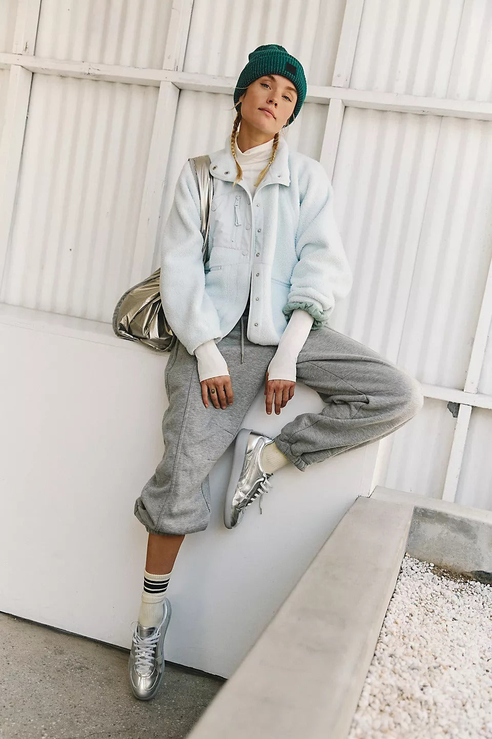 Women light blue sherpa fleece jacket with stand collar and snap front