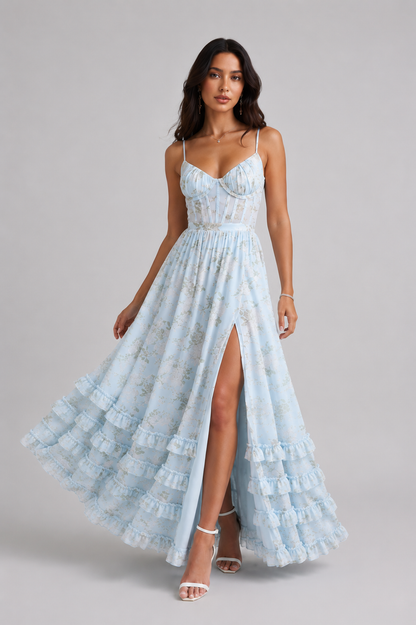 Iris Ruffle Maxi Dress – Blue